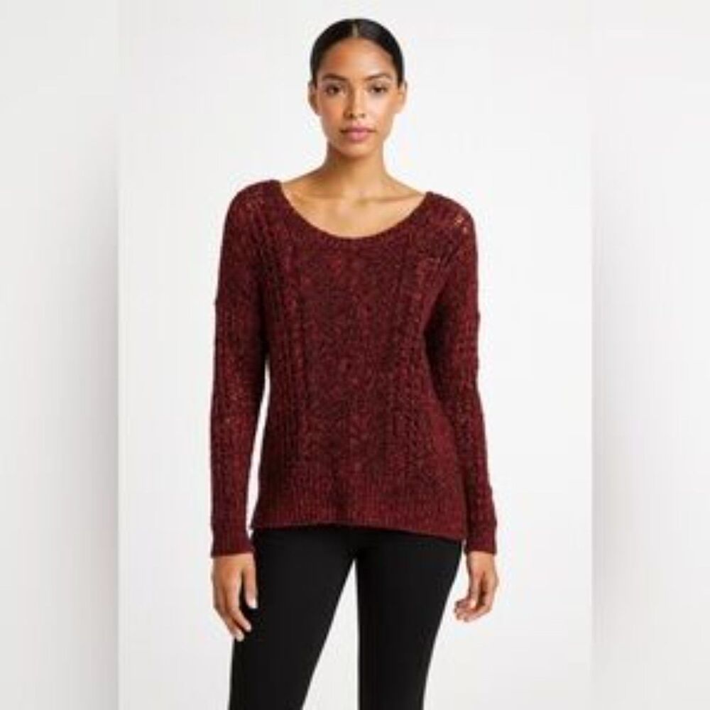 Express Women's Size XS Pullover Sweater Red/Black Open Cable Knit Round Neck